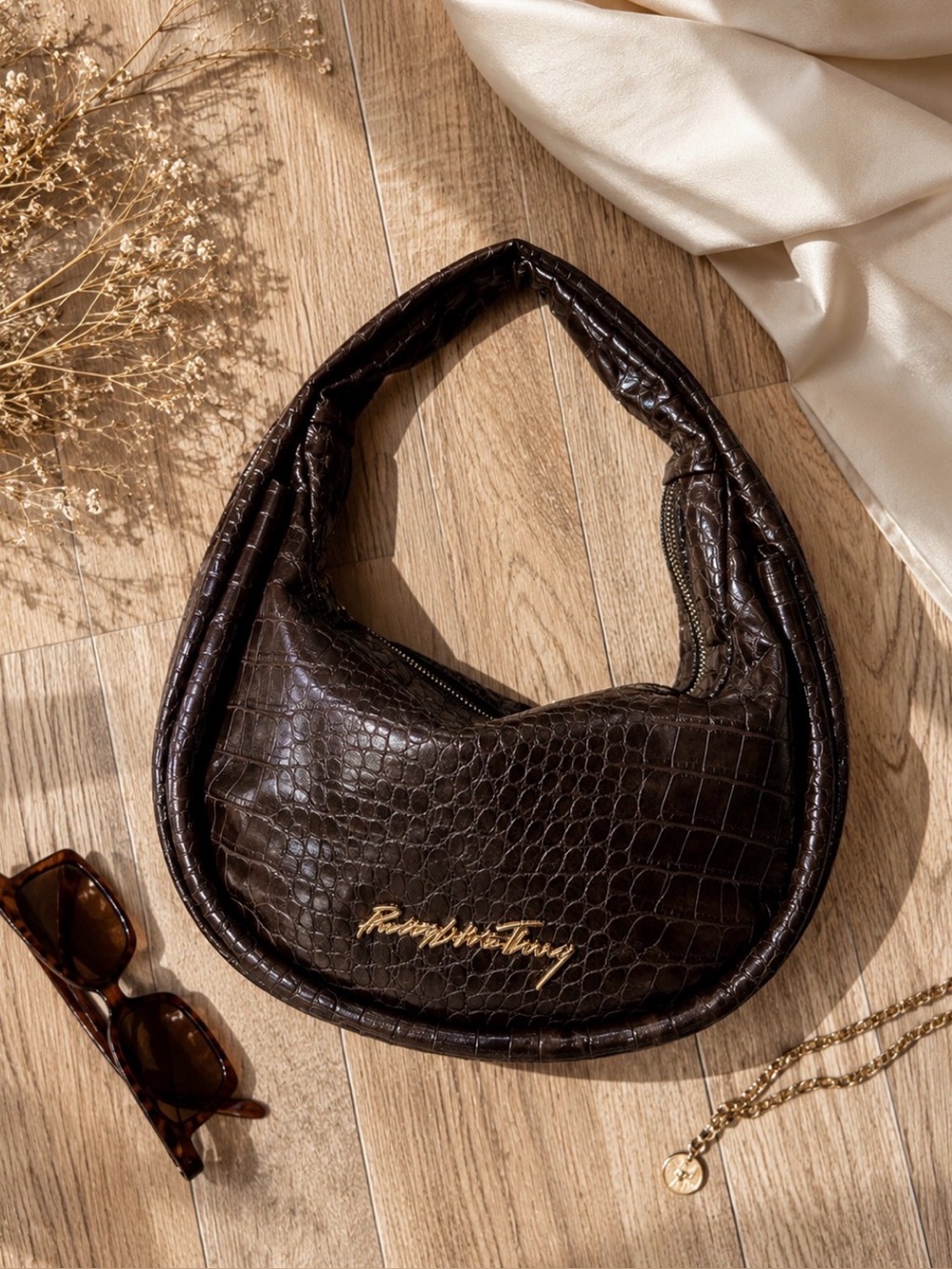 PrettyLittleThing Brown Faux Croc Embossed Hobo Shoulder Bag Y2K Slouchy Purse